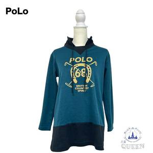 ☆美品☆ Polo ポロ トップス パーカー 長袖 フード ロゴプリント 重ね着風 レディース グリーン ネイビー M f-11 送料無料 古着