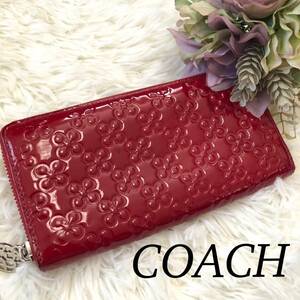 COACH コーチ レディース 長財布 赤 レッド エナメル 花 横20縦10マチ2 かわいい 人気モデル 送料無料