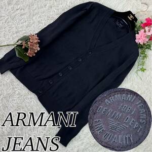 ARMANI JEANS アルマーニジーンズ メンズ Lサイズ ニット カーディガン 黒 ブラック ワッペン ボタン 送料無料 人気モデル 