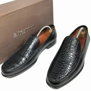 [a* тест - 2 ] подлинный товар a.testoni обувь 27cm чёрный крокодил Loafer туфли без застежки бизнес обувь wani кожа мужской мужской сделано в Италии 8 коробка иметь 