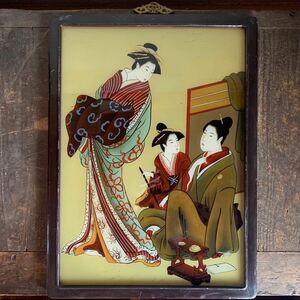 Art hand Auction Période Meiji ★ Peinture sur verre, peinture sur verre, peinture bidoro, peinture encadrée de belles femmes, ukiyo-e, courtisane, geisha, art antique, antique, Peinture, Ukiyo-e, Impressions, Portrait d'une belle femme