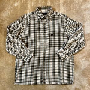 DAKS ダックスのウール100%チェックワイシャツ　メンズLサイズ　形状記憶シャツ　長袖シャツ ベージュ 茶系