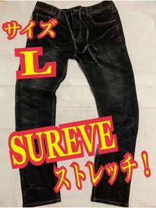 SUREVE デニムパンツ　ジーンズ　ストレッチ　裏起毛　暖かパンツ　黒　Lサイズ