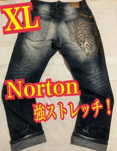 Norton ノートン　デニムパンツ　ジーンズ　ストレッチ　バイカー　刺繍ロゴ　XL
