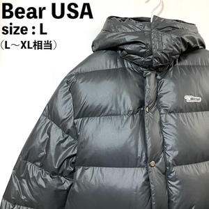 Bear USA ベアー フード付 ワッペンロゴ ダウンジャケット L〜XL相当 L 黒 ブラック ブルゾン ビッグシルエット オーバーサイズ 肉厚 厚手