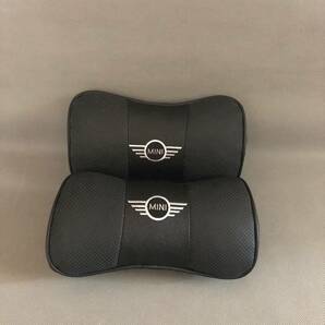新品 mini Cooper ミニ ネックパッド ヘッドレスト 首枕 車載 2個セット 本革レザー ブラック カーアクセサリ 刺繍の画像1