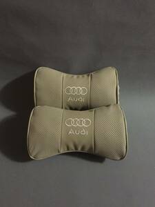 新品 Audi アウディ ネックパッド ヘッドレスト 首枕 車載 2個セット 本革レザー ベージュ カーアクセサリ 刺繍