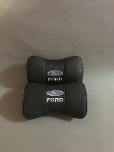 新品 フォード FORD ネックパッド ヘッドレスト 首枕 車載 2個セット 本革レザー ブラック カーアクセサリ 刺繍