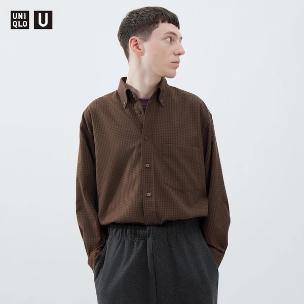 新品 大人気！ユニクロU ツイルオーバーサイズチェックシャツ（長袖）ブラウン(35)M