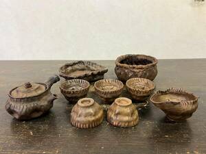 旧家引取り品② 時代物 煎茶揃い 手造 ( 急須 湯冷 煎茶碗 瓶敷 建水 ) 萬古焼 bts