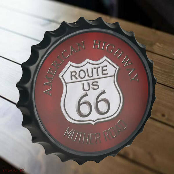 ブリキ看板 ボトルキャップ ROUTE66 ボルドー お洒落 立体メタルプレート クール 店内装飾 ルームデコレーション お洒落雑貨 雰囲気作り