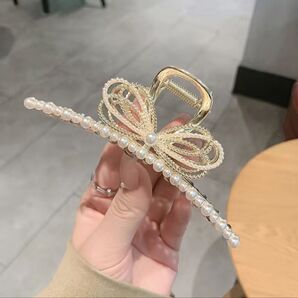 バンスクリップ リボン×パール★ゴールド ヘアクリップ 可愛い 韓国