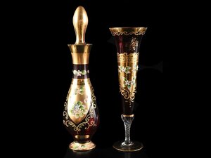 【雲】豪華 Bohemia glass ボヘミアガラス グラス 2点セット 金彩花絵付 古美術品A9269 CTdew