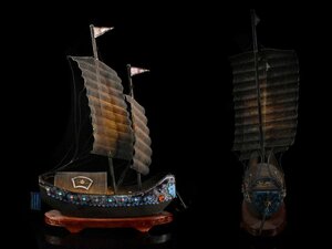 【雲】中国美術 銀泉 七宝 帆船 置物 高さ25.5cm 古美術品 BA8388 OTDkyt