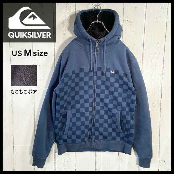 【USED】クイックシルバー Quicksilver ジップ パーカー フーディー 裏ボア 90s 古着 Mサイズ ネイビー ☆送料無料☆