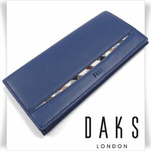 新品1円～★DAKS LONDON ダックス ロンドン 日本製 牛革レザー 二つ折り長財布 ロングウォレット ネイビー 紺 本革 本物 ◆9308◆