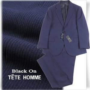 新品1円～★定価4.2万 Black On TETE HOMME テットオム 秋冬 ピンストライプスーツ 96AB5 ノータック ストレッチ 紺 ◆9547◆