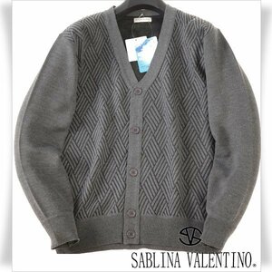 新品1円～★SABLINA VALENTINO サブリナヴァレンティノ メンズ 長袖 Vネックカーディガン L グレー 織柄 イタリアブランド ◆9845◆