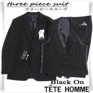 新品1円～★定価5.3万 Black On TETE HOMME テットオム スリーピーススーツ 96A7 ノータック ストライプ 背抜き ストレッチ 黒 ◆1148◆