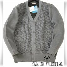 新品1円～★SABLINA VALENTINO サブリナヴァレンティノ メンズ 長袖 Vネックカーディガン M グレー 織柄 イタリアブランド ◆2008◆_画像1