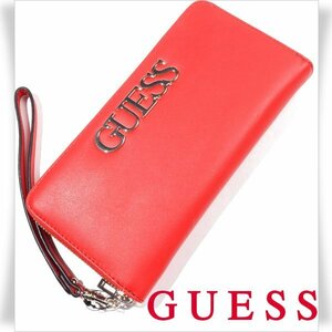 新品1円～★GUESS ゲス レザー ストラップ ラウンドファスナー長財布 ロングウォレット レッド ロゴ 大容量 正規店本物 ◆2735◆