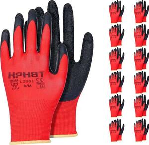 ラテックス手動適用作業手袋 安全作業手袋 防水機械作業　Sサイズ　レッド12枚組