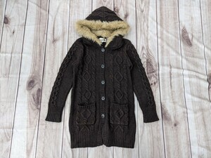 18．茶タグ ノースフェイス NORTH FACE ATW40755 肉厚編込み ファーフード付き ケーブルニットコート　レディースM　茶系 y302