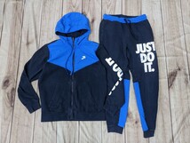 18．2点NIKE　ナイキ JUST DO IT 袖デカロゴ ナイロン スウェットパーカー/ジョガーパンツ　上下セットアップ　メンズM　ネイビー青白 y301_画像1