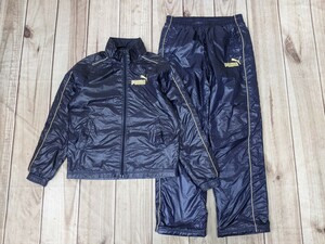 16．復刻ロゴ PUMA プーマ 中綿入り ナイロンブルゾンジャケットジャンパー パンツ トレーニング 上下 メンズM/O ネイビー黄色系 y412