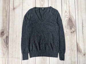 4．UNIQLO ユニクロ カシミヤ100 カシミア100 Vネック ニットセーター　レディースL　ダークグレー系 x505