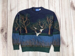 19．PENDLETON 総柄 鳥 鴈 ツリーデザイン ウールニットセーター メンズM　ネイビー緑茶系 y607