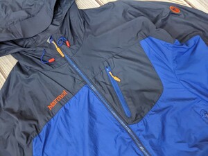 4．Marmot マーモット 裏メッシュ バイカラー 薄手防風防寒 ジップアップパーカーブルゾンメンズXL青ネイビーオレンジアウトドアウェアx601