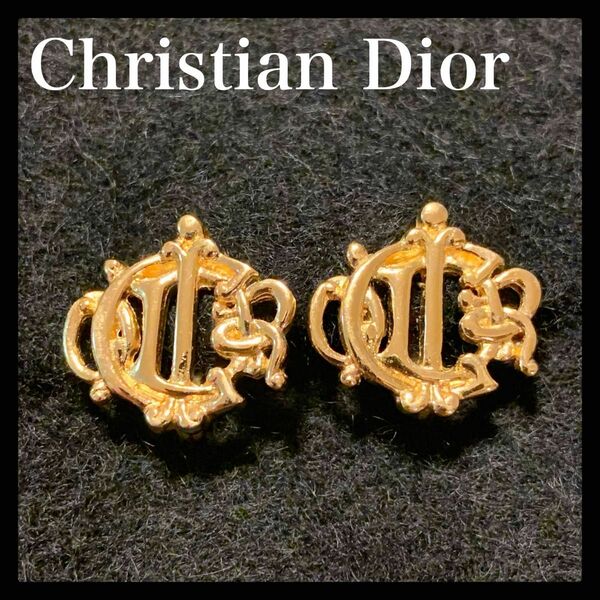 Christian Dior ディオール イヤリング エンブレム ゴールド ロゴ ヴィンテージ タグ付き