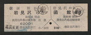 D型往復券 (交)岩見沢発行 岩見沢から函館 昭和50年代（払戻券）