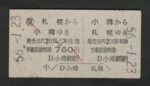 A型往復券 小樽から札幌 昭和50年代（払戻券）
