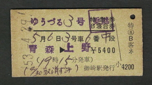 A型特急券・B寝台券 ゆうづる3号 御崎駅発行 昭和50年代（払戻券）