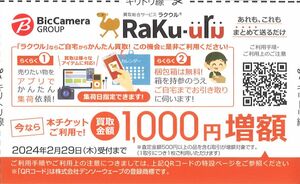 「ビックカメラ、コジマ 株主優待」 買取総合サービス ラクウル(RaKu-uru) 買取金額1000円増額クーポン 【1枚】 有効期限2024年2月29日