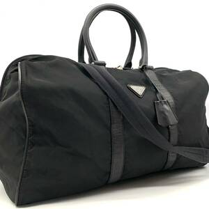 1円●美品●PRADA プラダ 2way ボストンバッグ ショルダーバッグ ハンドバッグ サフィアーノレザー リナイロン 黒 レディース メンズ 男女