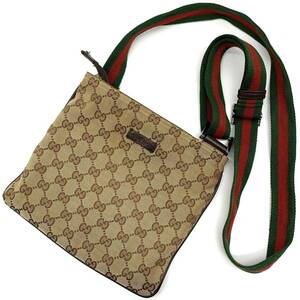 1円●高級品●GUCCI グッチ シェリーライン GGキャンバス サコッシュ ショルダーバッグ 鞄 レザー ベージュ系 レディース メンズ 男女兼用