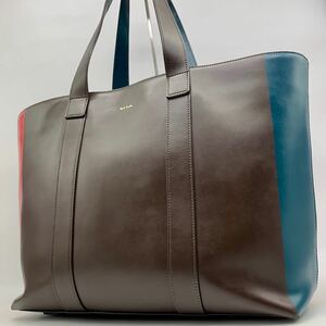 1円●定価10万/訳あり●Paul Smith ポールスミス マルチストライプ トートバッグ ビジネスバッグ ショルダー肩掛け A4収納 レザー メンズ