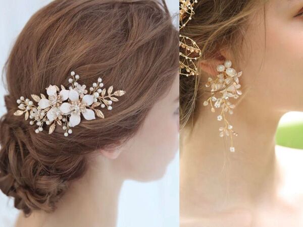ヘッドドレス&イヤリング2点セット 花&パールゴールドウェディング 結婚式