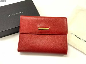 ★美品 BURBERRY バーバリー レザー ウォレット がま口財布 二つ折り 財布 レッド 赤 箱 小銭入れ 札入れ レディース 1800T8-13