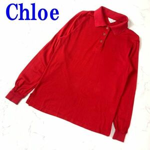 Chloe クロエ コットン100％長袖ポロシャツ レッドカジュアル スポーツ リブ袖口 ゆったり感 M C8411