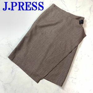 ジェイプレス ひざ丈スカート ウール レザー チェック 茶色J.PRESS 裏地有 ブラウン 千鳥柄 ９ C8523