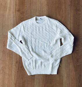 ユニクロ◇UNIQLO メンズMサイズ カシミヤ混鎖編みニット ホワイト セーター 綺麗めセーター　長袖　美中古品