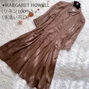 美品●春夏向け●MARGARET HOWELL マーガレットハウエル リネン100% マキシ丈 フレア シャツワンピース ロングワンピース 日本製 カーキ