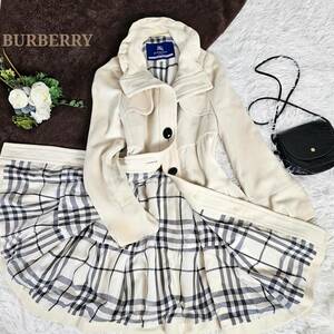 バーバリーBURBERRY BLUE LABEL ボタンロゴ刻印 厚め高級生地 羊毛アンゴラ 高品質コート