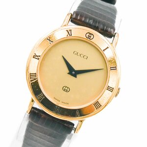 1円 稼働 GUCCI グッチ 3000L QZ クオーツ ゴールド 金文字盤 GP 腕時計 レディース ラウンド レザーベルト 正規品 中古 1248220240130