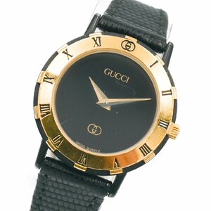 1円 稼働 箱付 GUCCI グッチ 3200L ゴールド QZ クオーツ ブラック 黒文字盤 GP 腕時計 レディース ラウンド レザーベルト 1248520240130