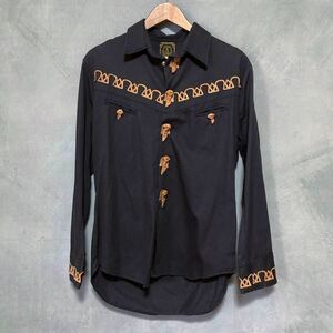 80's vintage Espuela de Oro Charro Shirt 高級 レザー飾り メキシカン ロデオ ウエスタンシャツ size.38 (M) ブラック Made in Mexico